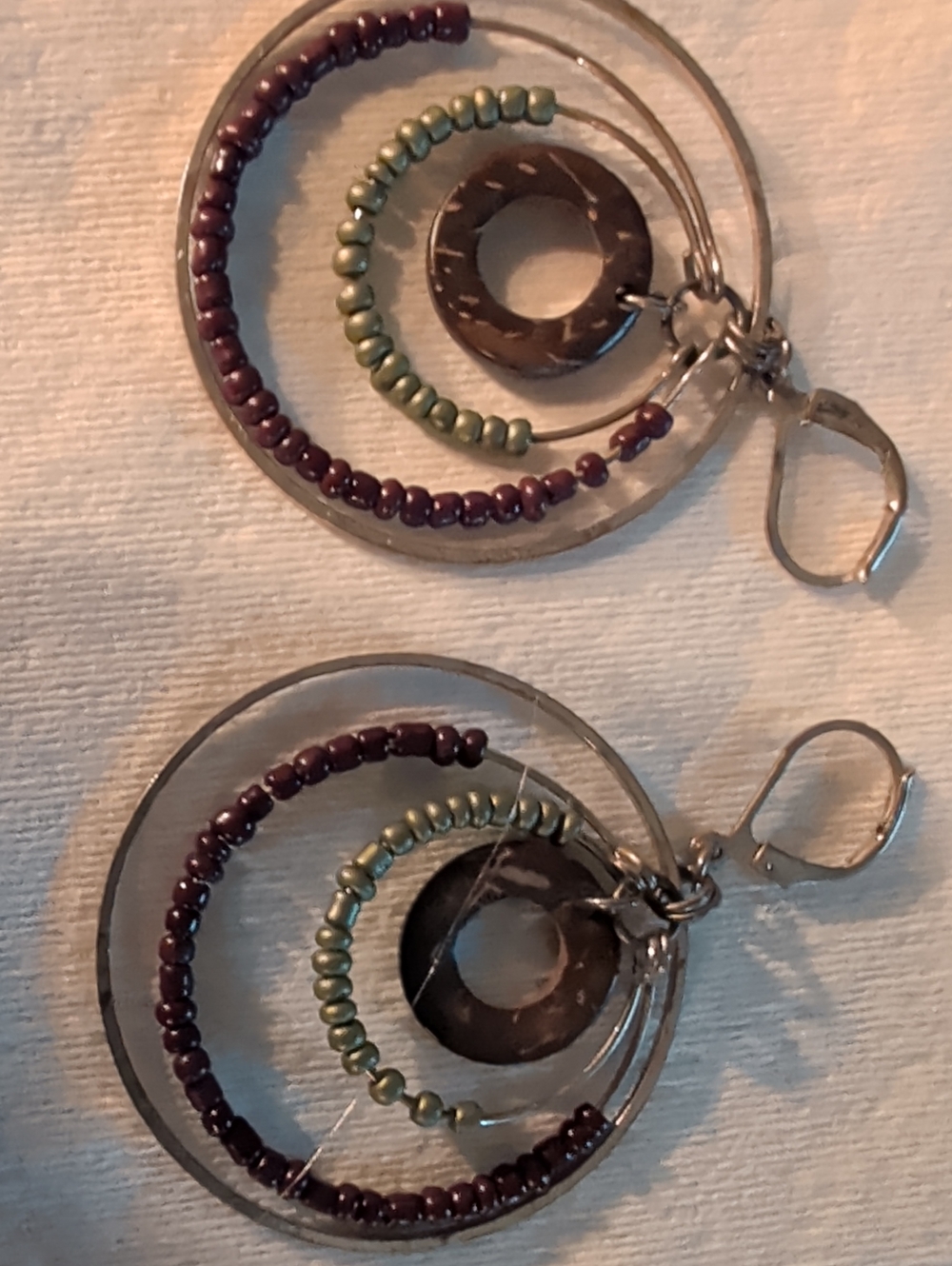 Boho Double Hoop Beaded Dangle Earrings - Burgundy & Sage